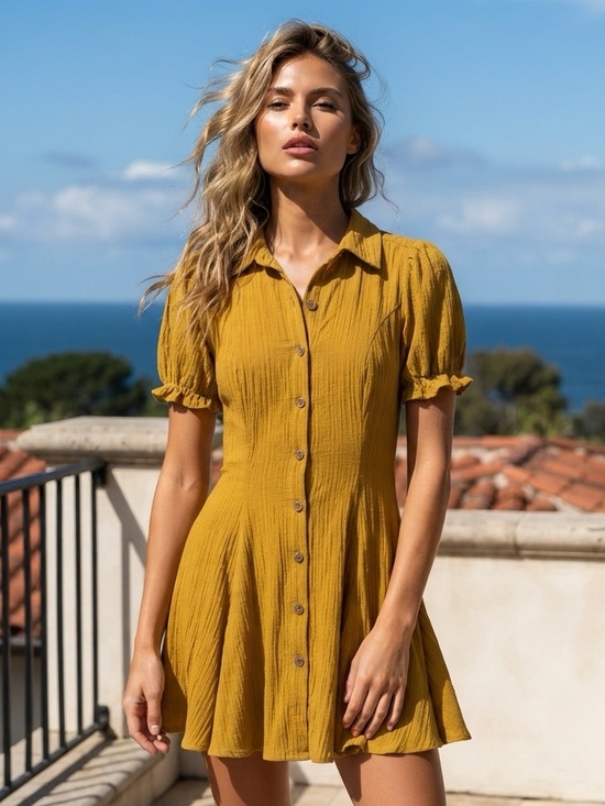Hint of Blush Dresses & Skirts - Hint of Blush Mustard Yellow Seersucker Button-Down Fit Flare Mini Dress Small